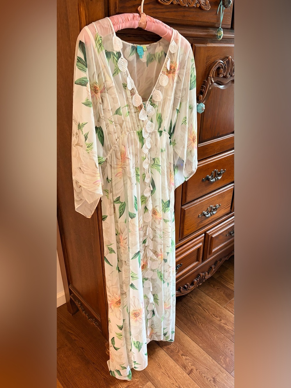 Girls' Floral Cream Maxi Dress with Lace Trim